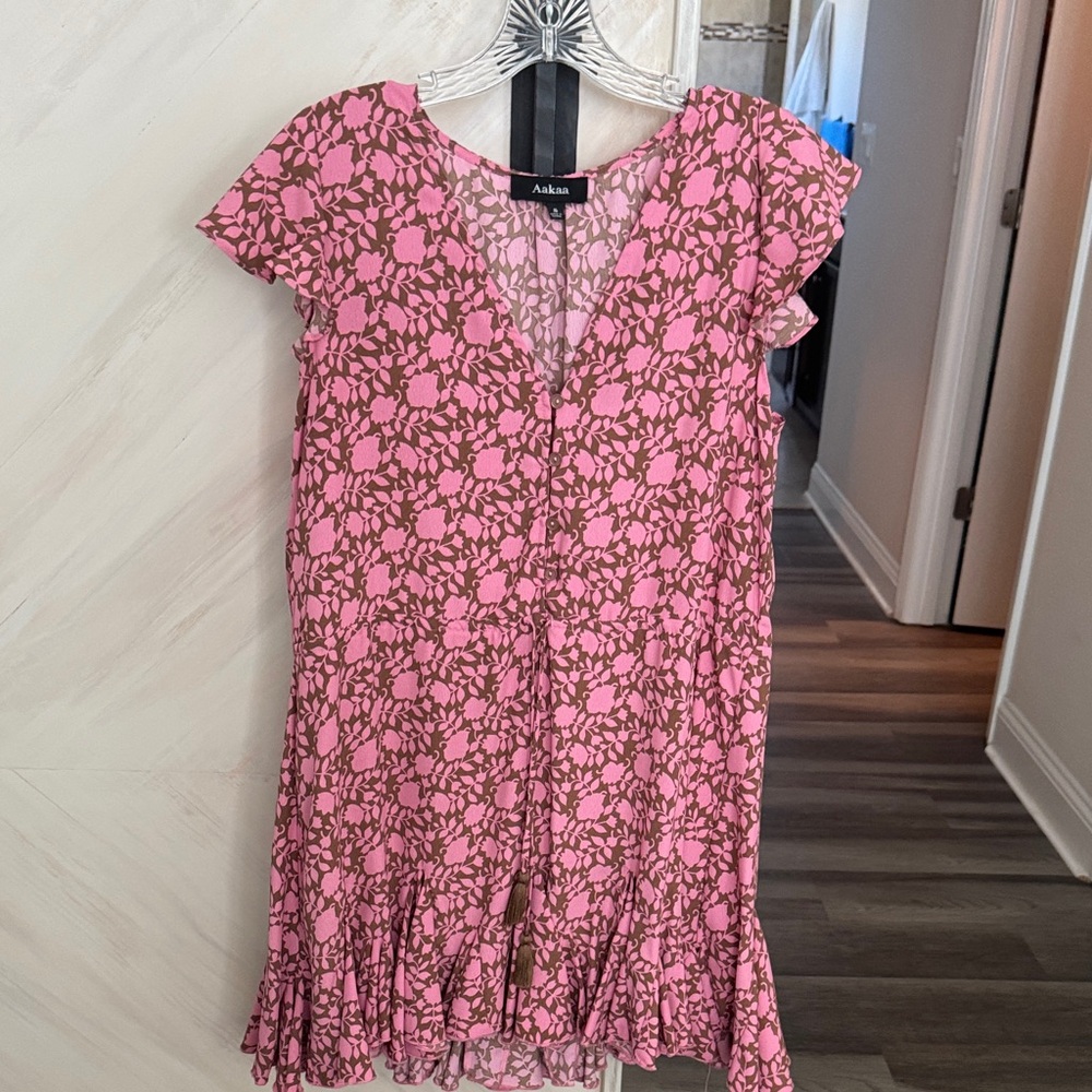 Aakaa Pink and Brown Floral Ruffle Dress